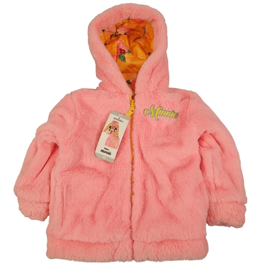 Disney Junior Minnie Mouse‎ Reversible Puffer Jacket Yellow Floral Pink 3T New